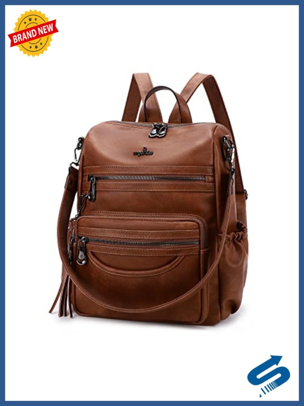 PU Leather Zipper Casual Backpack & Shoulder Bag Travel Daypack